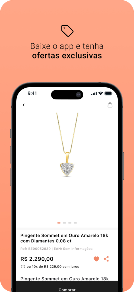 Vivara mobile shopping app showing an 18k yellow gold and diamond pendant necklace.