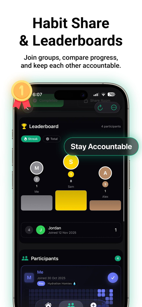 Captura de pantalla de una aplicación móvil que muestra una tabla de clasificación de hábitos con funciones de responsabilidad social para seguir rachas con amigos