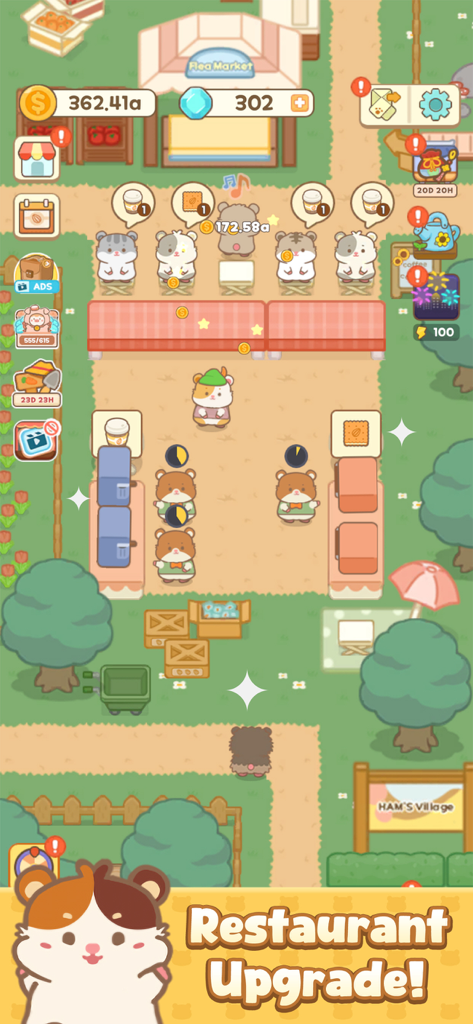Ham's Kitchen : Cute Food Game - Personagens hamsters fofos jantando em um café ao ar livre do jogo mobile Hams Kitchen.