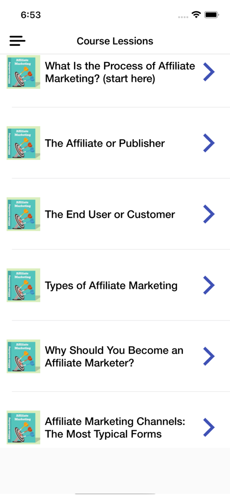 Uma lista de lições do curso no aplicativo Curso de Marketing de Afiliados mostrando tópicos introdutórios