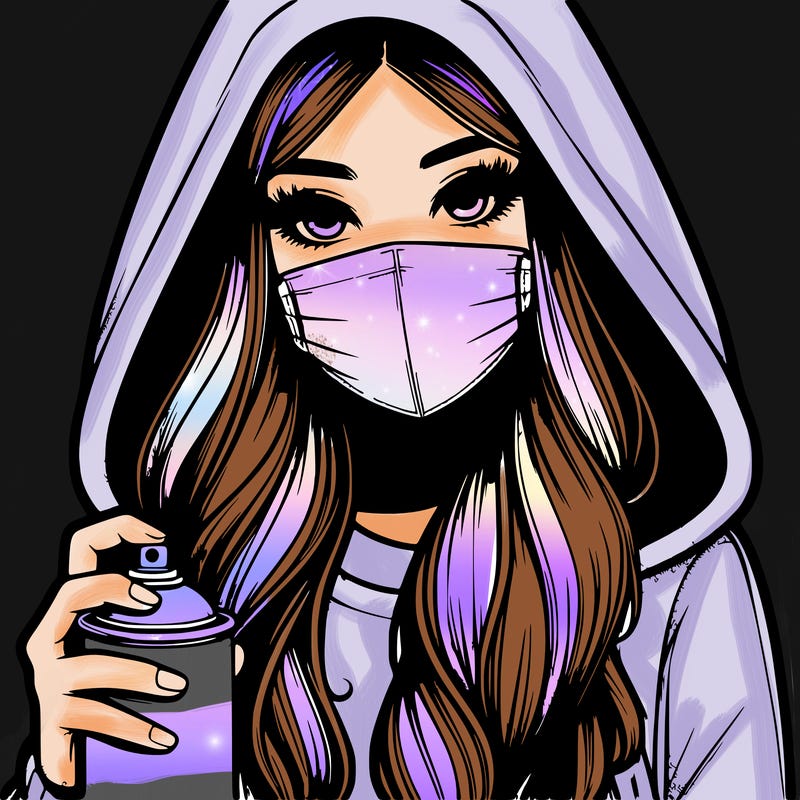 girl wearing a mask with long hair with her hood up spray-painting realistic
