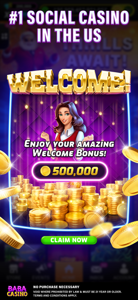 Baba Casino and Wild Slots welcome bonus screen featuring five hundred thousand free coins