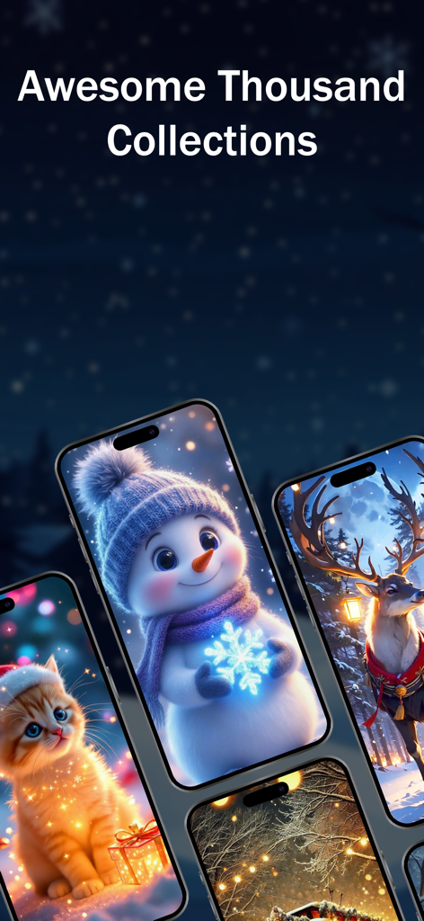 Una collezione di simpatici sfondi a tema natalizio per iPhone con un pupazzo di neve, un gattino e una renna.