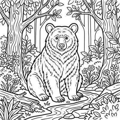Immerse yourself in nature with this beautiful American Black Bear coloring page. Featuring a detailed depiction of a bear in its natural forest habitat, it's perfect for a creative escape.