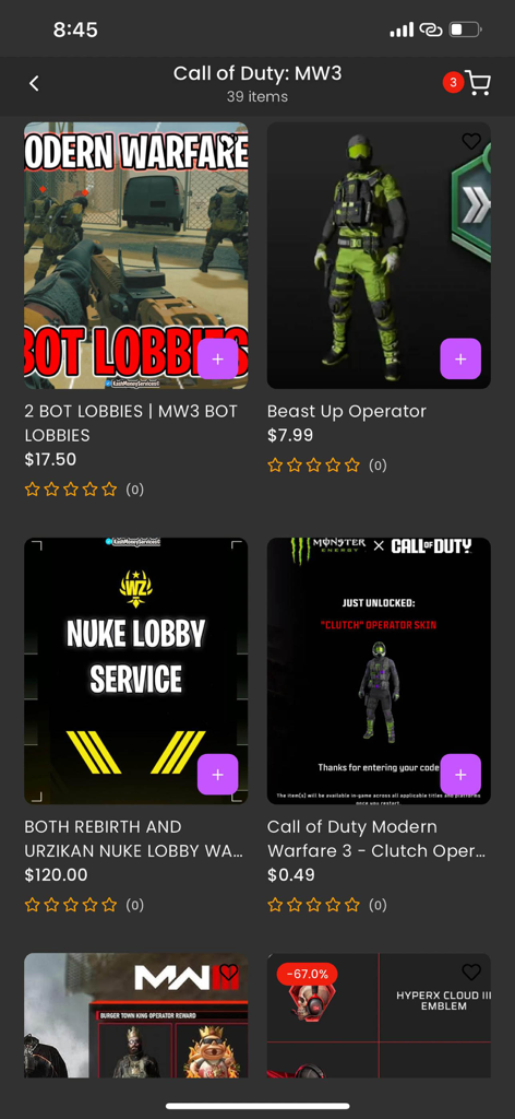 Online Gaming Marketplace - Mobile app interface for Online Gaming Marketplace showing various Call of Duty Modern Warfare 3 items and services for sale