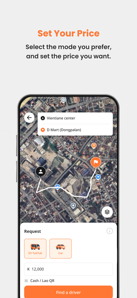 KOKKOK Move - Interface de l'application KOKKOK Move montrant une carte avec un itinéraire à Vientiane et des options pour définir un prix pour les trajets en TukTuk Électrique ou en voiture.