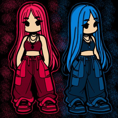 girl in baggy pants crop top and long hair