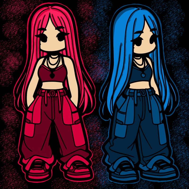 girl in baggy pants crop top and long hair