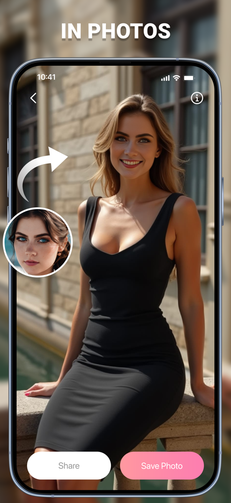 Deep Face Swap AI: FusionFaces - A mobile app screenshot showing a realistic AI face swap on a portrait photo of a woman
