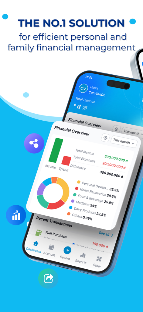 Finanzübersicht-Dashboard in der Spending Tracker App mit Einnahmen- und Ausgaben-Diagrammen