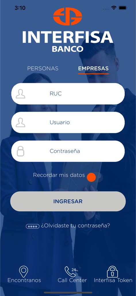 Interfisa Banco mobile app business login screen with fields for tax ID username and password