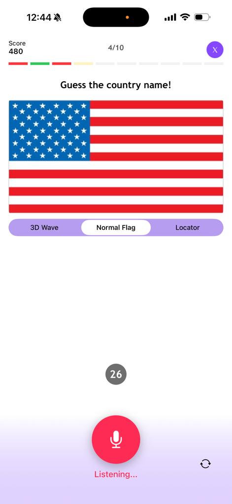 Learn Geography: AV Countries - Captura de tela de aplicativo móvel de um quiz de geografia perguntando para identificar a bandeira dos EUA usando reconhecimento de voz.