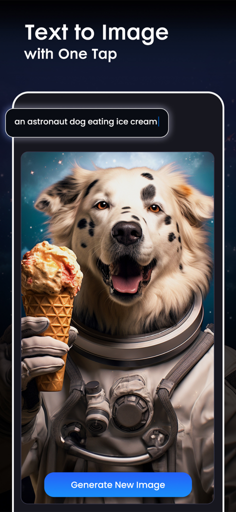 Draw AIアプリのインターフェースに、アイスクリームを食べる宇宙飛行士の犬のテキストから画像へのプロンプト結果を表示