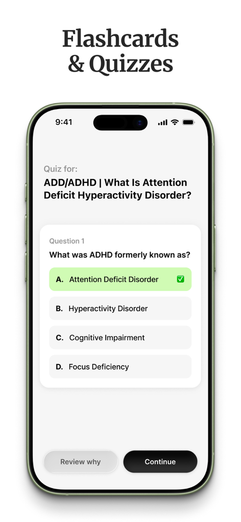 HyNote: AI Note Taker, Summary - ADHDに関するAI生成クイズを表示するモバイルアプリのインターフェース