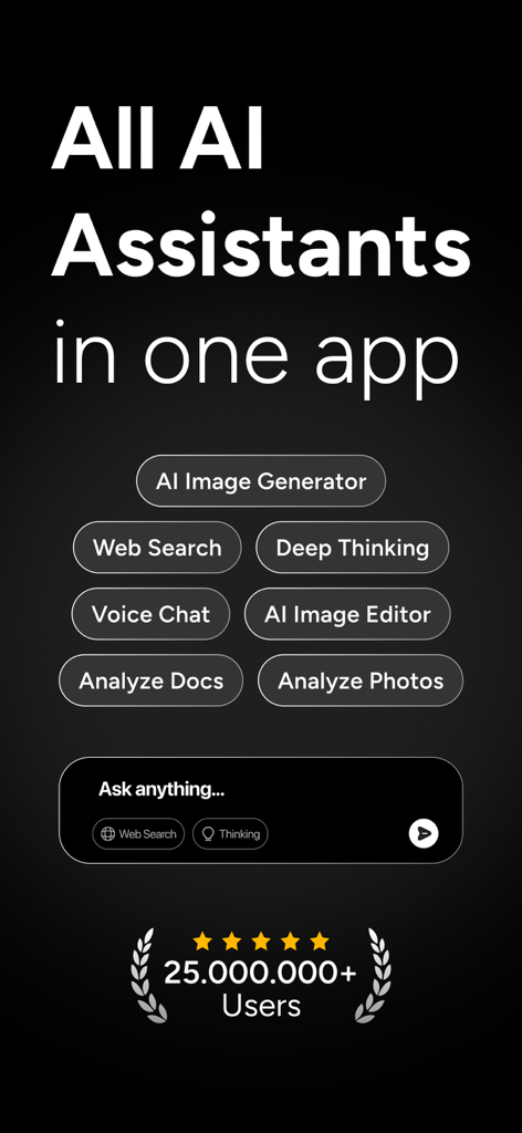 Genie AI Assistant app interface displaying features like image generation and web search with a 25 million user milestone