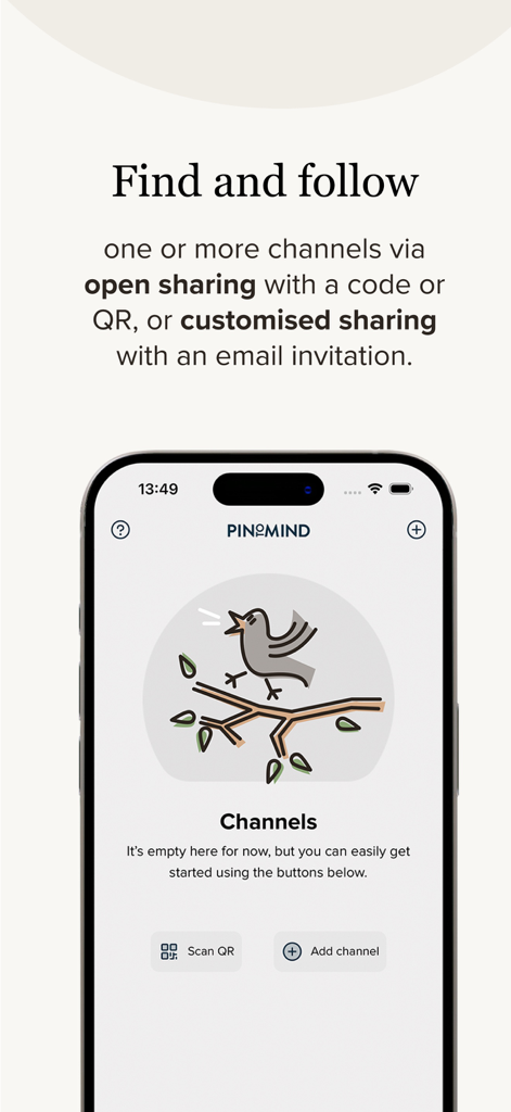 QRコードまたはチャンネルコードを使用してチャンネルを見つけてフォローするオプションを表示するPinToMind Goアプリインターフェイス