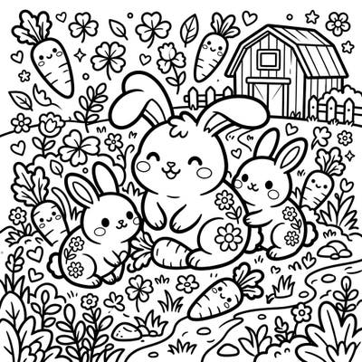 Dive into the delightful world of Kawaii farm rabbits with this charming coloring page. Featuring plump bunnies, cheerful carrots, and a whimsical barn, it's a perfect blend of rural charm and adorable aesthetics.
