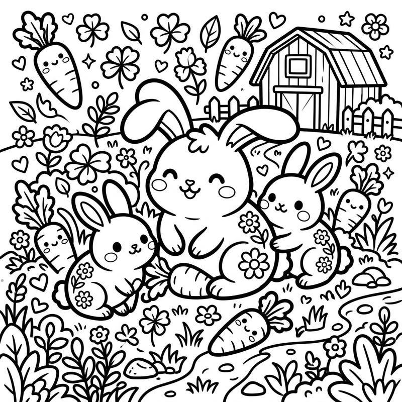 Dive into the delightful world of Kawaii farm rabbits with this charming coloring page. Featuring plump bunnies, cheerful carrots, and a whimsical barn, it's a perfect blend of rural charm and adorable aesthetics.
