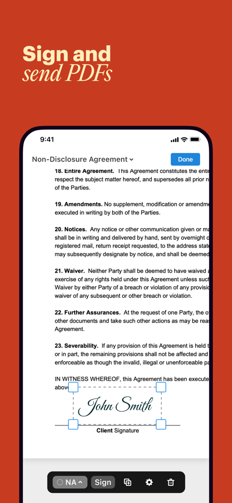 Interfaccia dell'app mobile DocHub che mostra una firma elettronica su un PDF di Accordo di Non Divulgazione