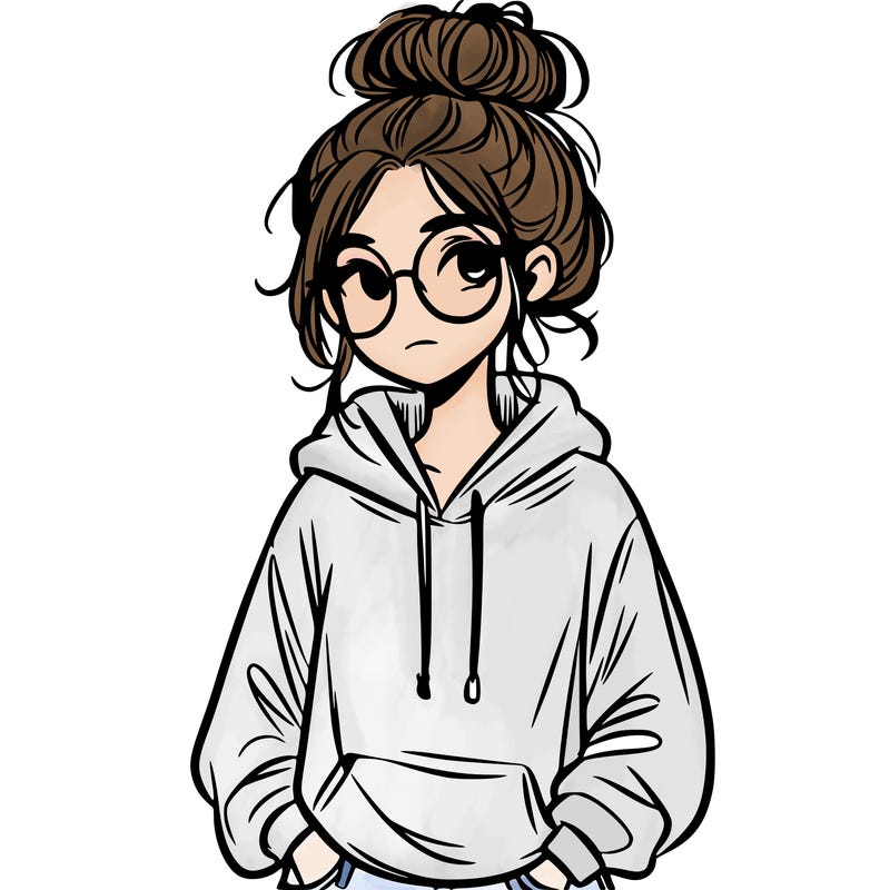 teen girl with a messy bun and glasses wearing a loose hoodie and jeans
