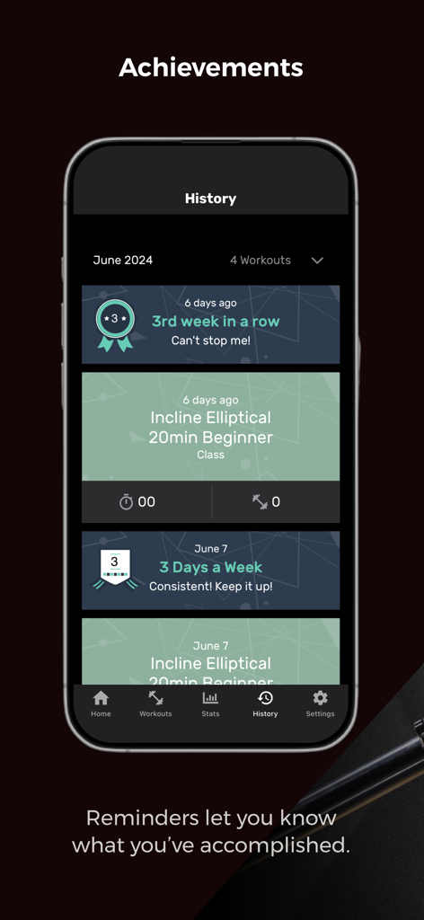 Life Fitness Connect app interface displaying workout history and achievement badges for consistency.