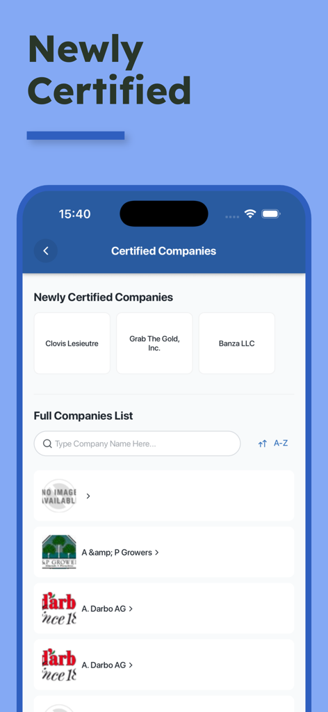 Screenshot of the OU Kosher app showing newly certified companies and a searchable list of all certified brands.