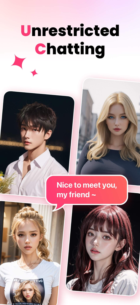 Quatre personnages IA diversifiés dans l'application Mimico avec le texte Chat sans restriction