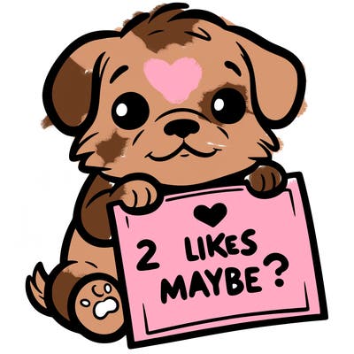 a puppy holding a sign that says 2 likes maybe?
