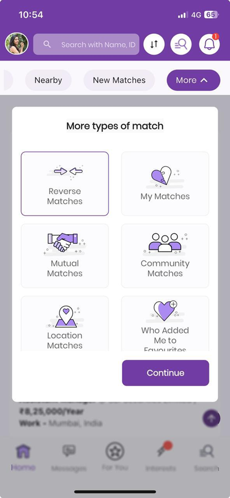 Anuroop - Anuroop app screen showing different matrimonial matching categories like Reverse, Mutual, and Community matches.