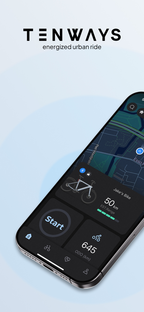 Tenways - Smartphone zeigt das Tenways App-Dashboard mit Reichweitenanzeige des Fahrradakkus und Trip-Statistiken für das urbane Radfahren.