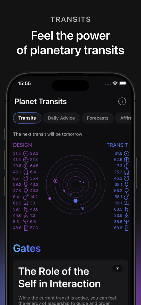 Planet transits and gates data in the Human Design app