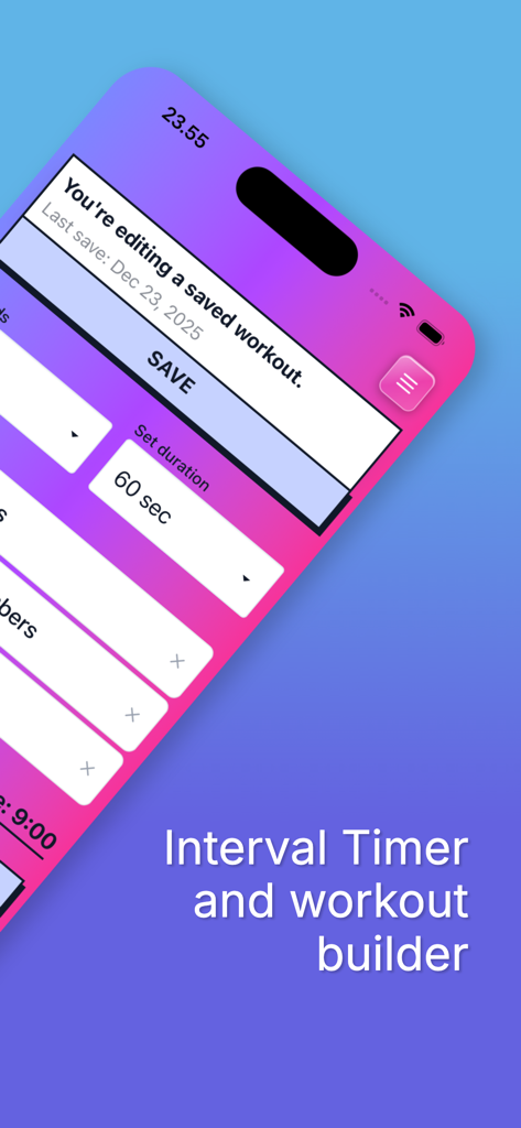 Rounds app - Workout-Builder-Oberfläche in der Rounds-App, die die Bearbeitung von Satzdauern und die Verwaltung gespeicherter Workouts zeigt