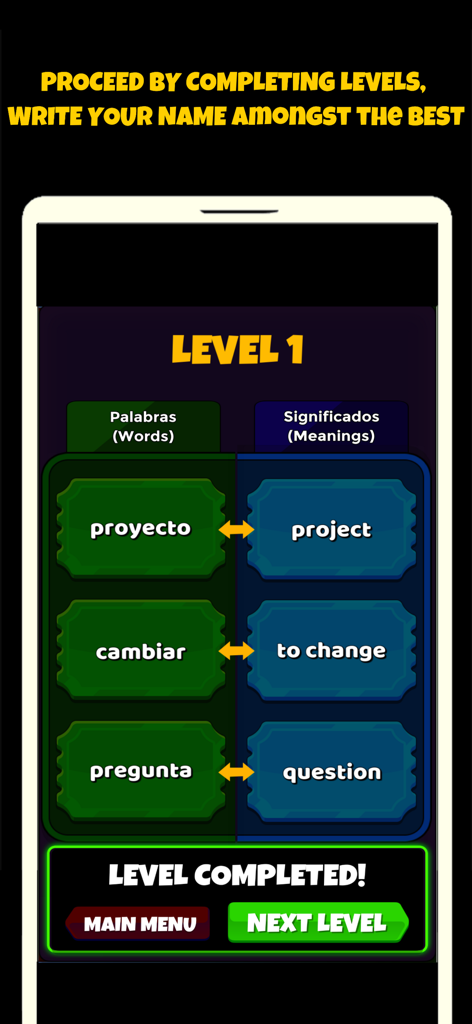 Interface of the Spanish Vocabulary Game showing a completed level with matched words and meanings.
