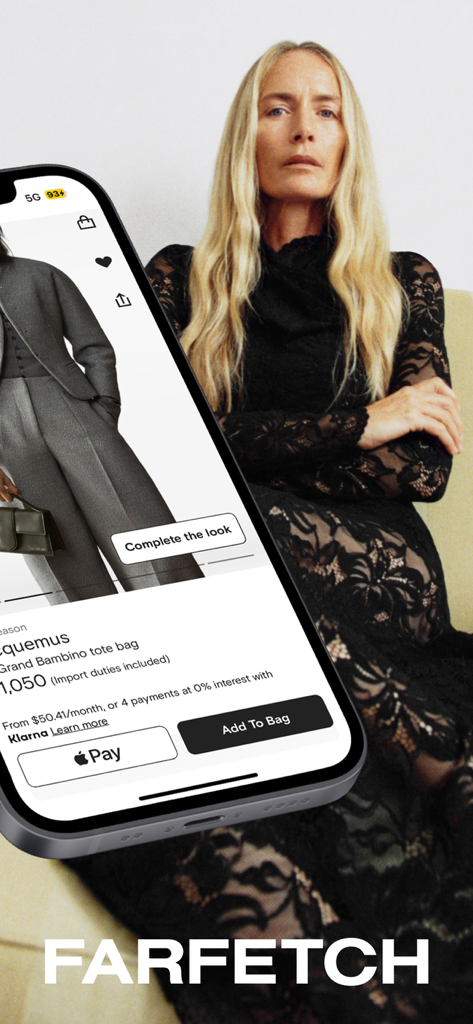 FARFETCH - Shop Luxury Fashion - iPhone showing the Farfetch app product page for a Jacquemus bag with Apple Pay and Add to Bag buttons