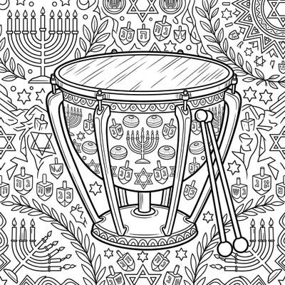 Immerse yourself in the festive spirit of Hanukkah with this unique coloring page featuring a beautifully decorated timpani drum. Adorned with traditional symbols, it's a creative way to celebrate the Festival of Lights.