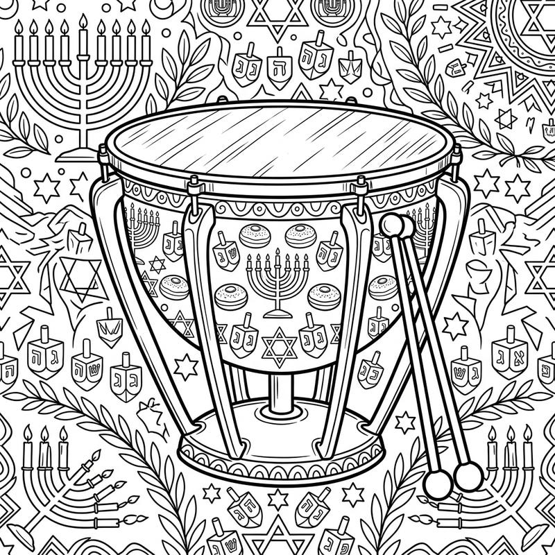Immerse yourself in the festive spirit of Hanukkah with this unique coloring page featuring a beautifully decorated timpani drum. Adorned with traditional symbols, it's a creative way to celebrate the Festival of Lights.