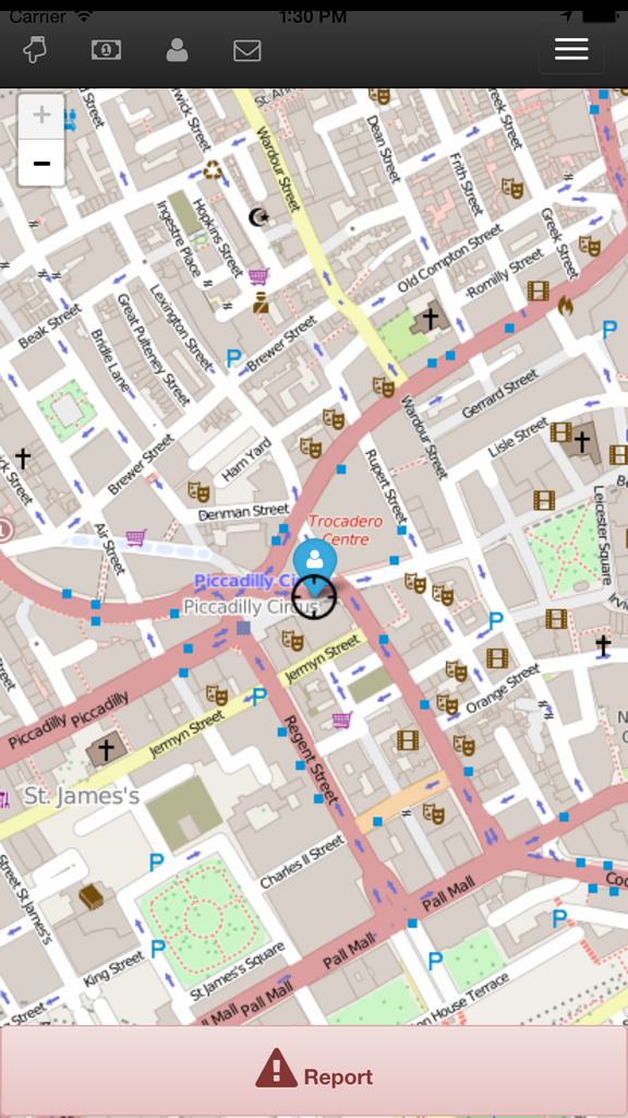 Live Traffic Reporter - Map interface of the Live Traffic Reporter app showing urban streets and a report button.