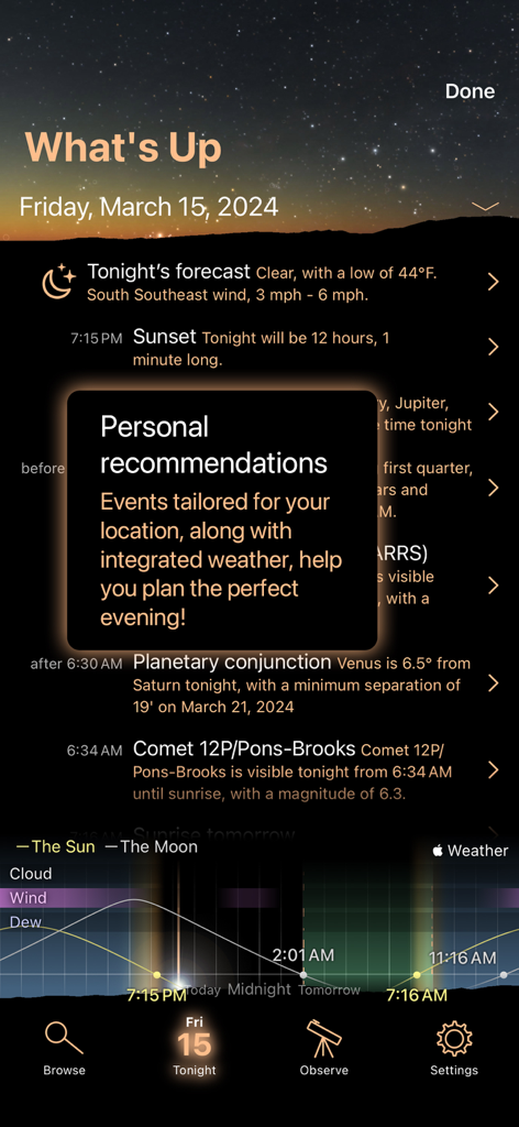 Luminos Pro - Luminos Proアプリが、個別の星空観測の推奨事項と今夜の天体イベントの予測を表示しています