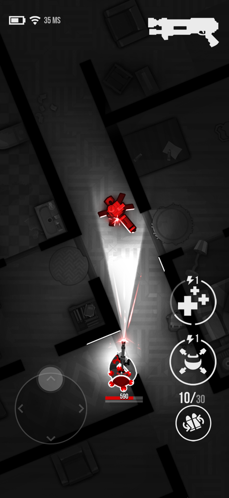 Top-down tactical shooter gameplay in Bullet Echo featuring the unique flashlight stealth mechanic.