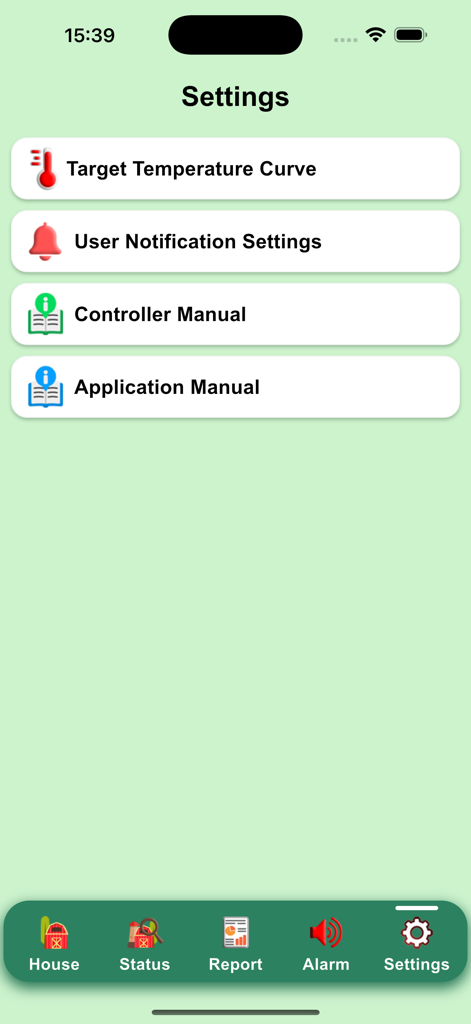 Chickatron Layers - Pantalla de configuración de la aplicación de gestión de granjas avícolas Chickatron Layers que muestra la curva de temperatura y las opciones de notificación