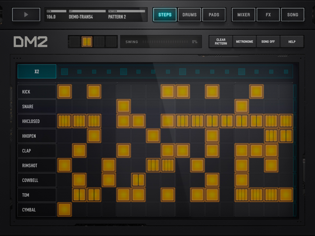DM2 The Drum Machine app interface showing the step sequencer with orange beat blocks for different drum sounds