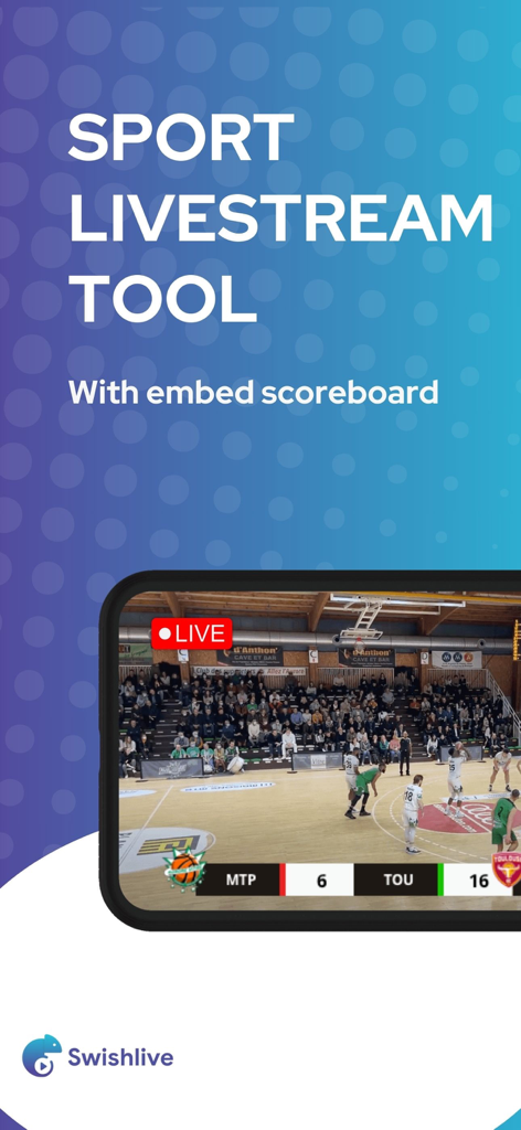 Professional sports livestream on a smartphone with a real time scoreboard overlay using Swish Live