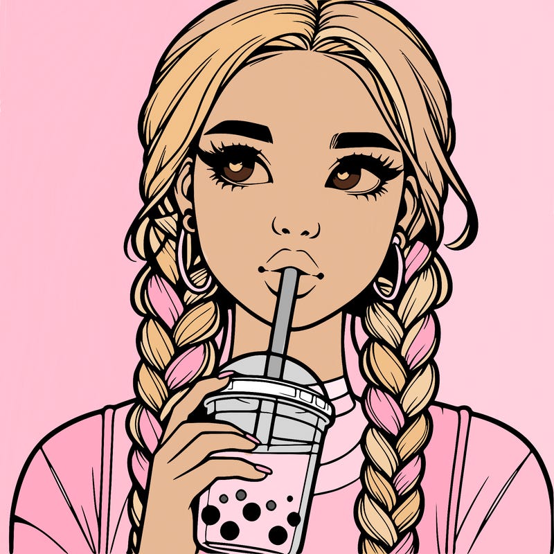 realistic girl with braided hair drinking boba