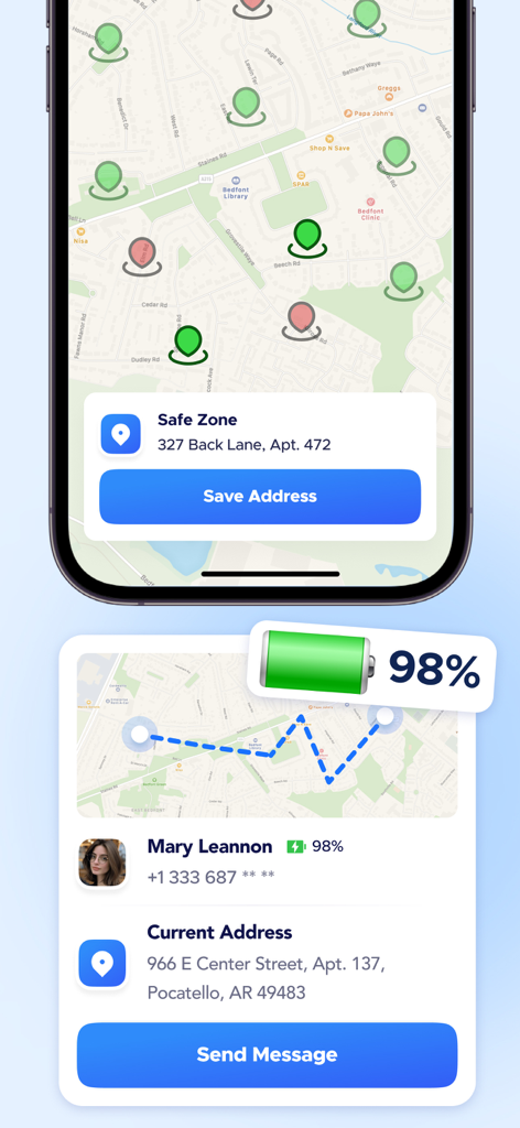 Locate X - Find Location - Una interfaz de aplicación móvil que muestra un mapa con zonas seguras y un perfil de contacto con ubicación en vivo y nivel de batería.
