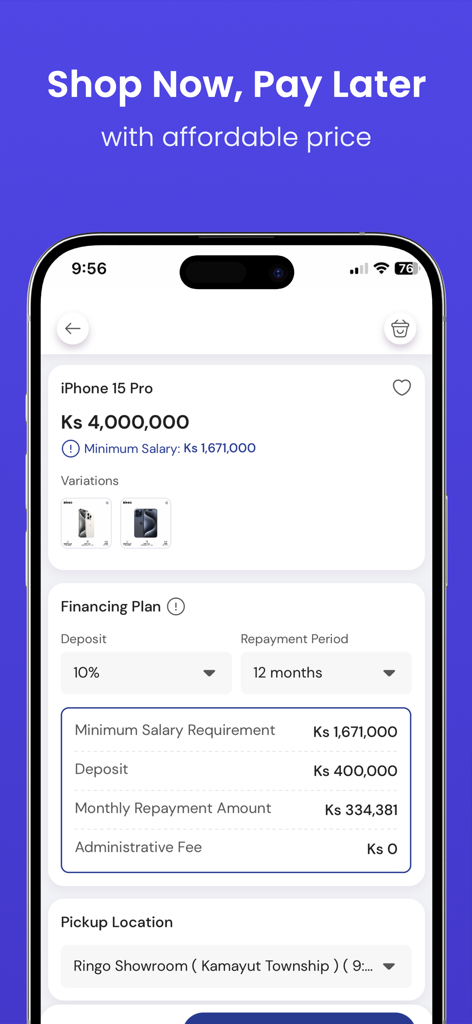 Mobile interface of PLUS App showing financing details for an iPhone