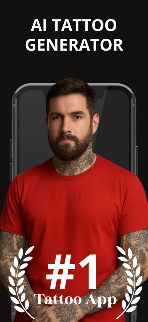 Tattoo Design - Tattoo Editor - AI Tattoo Generator app interface showing a tattooed man and a number one badge
