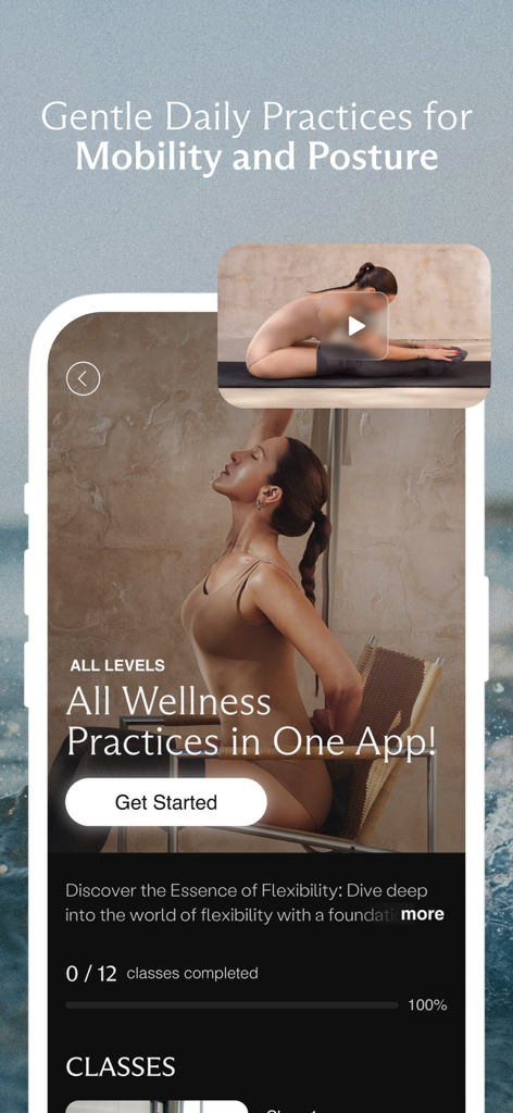 Swanly: Stretch & Mindfulness - Interfaz móvil de la aplicación Swanly que muestra prácticas de bienestar para movilidad y postura