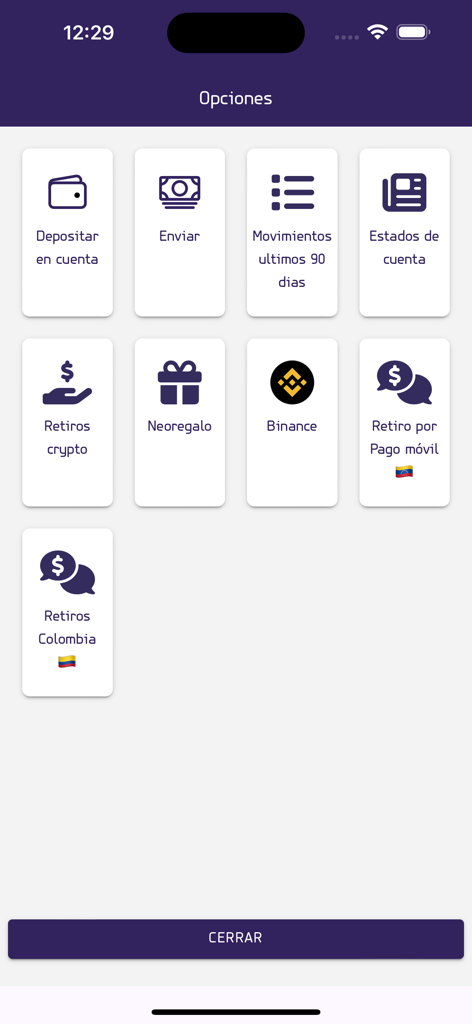 Neomoon app menu showing money transfer and withdrawal options for Latin American countries