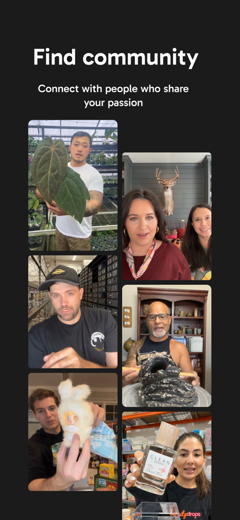 A collage of diverse sellers showcasing rare plants, pottery, and beauty products during live streams on the Palmstreet app.