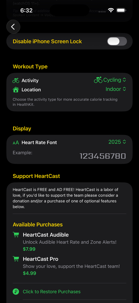 HeartCast app settings menu showing workout type selection and in-app purchase options.
